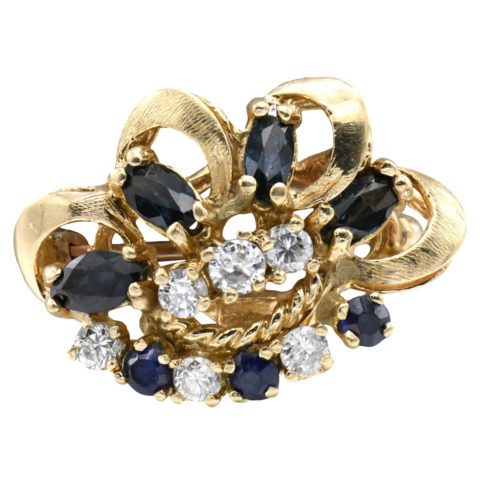 14K Yellow Gold, Diamond & Sapphire Brooch