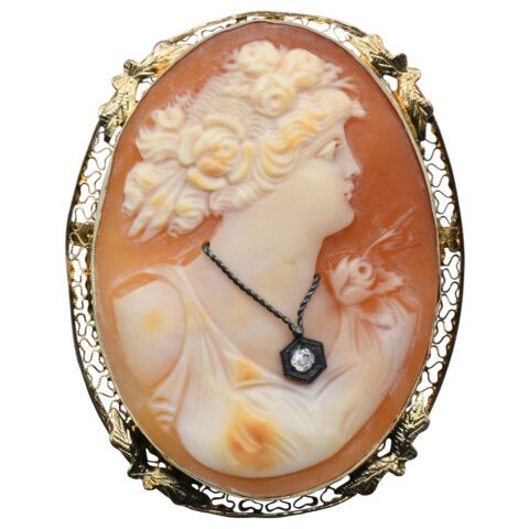 14K Gold & Diamond Cameo Brooch/Pendant