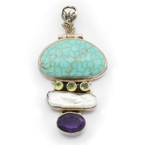 Sterling Silver, Turquoise, Peridot, Baroque Pearl & Amethyst Pendant