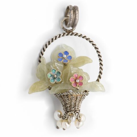 BJ Sterling Silver, Jade, Enamel & Pearl Flower Basket Pendant