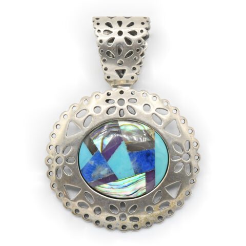 Sterling Silver, Abalone, Turquoise, Blue Lapis & Quartz Brooch/Pendant