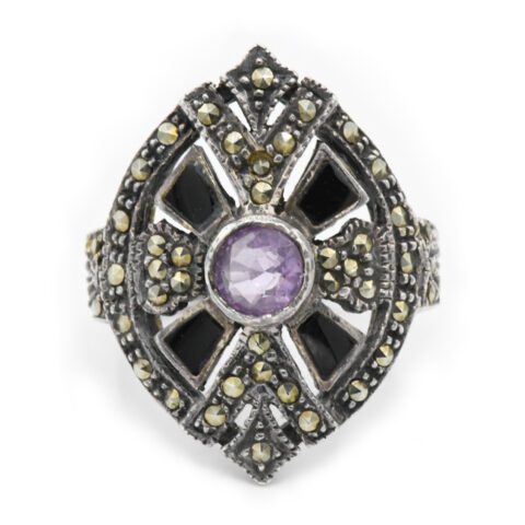 Sterling Silver, Amethyst, Marcasite & Enamel Ring