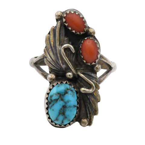 Sterling Silver, Turquoise & Red Coral Ring