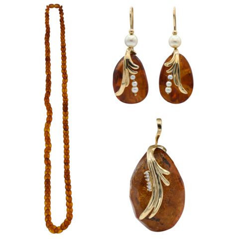 14K Yellow Gold, Amber, Diamond & Pearl Jewelry Suite