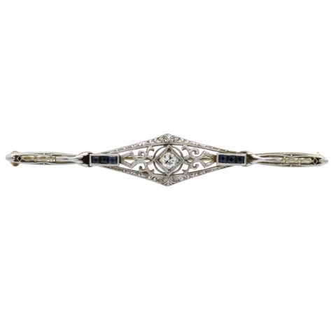 14K White Gold, Diamond & Sapphire Art Deco Brooch