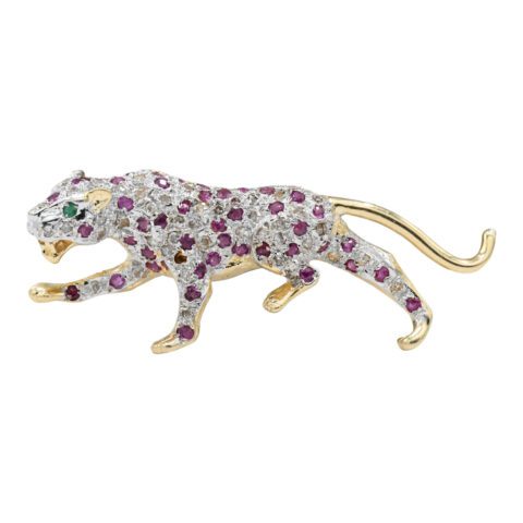 14K Gold, Diamond, Ruby & Emerald Leopard Brooch