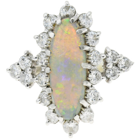 14K White Gold, Opal & Diamond Ring