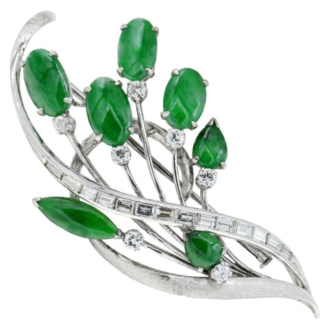 14K White Gold, Diamond & Emerald Brooch
