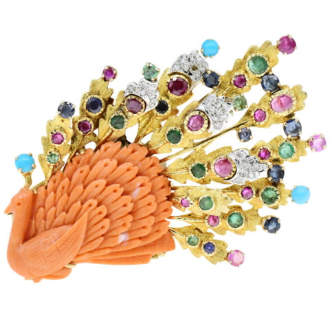 18K Yellow Gold, Pink Coral, Diamond & Gemstone Peacock Pin