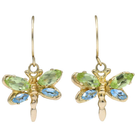 14K Yellow Gold, Peridot & Blue Topaz Dragonfly Earrings