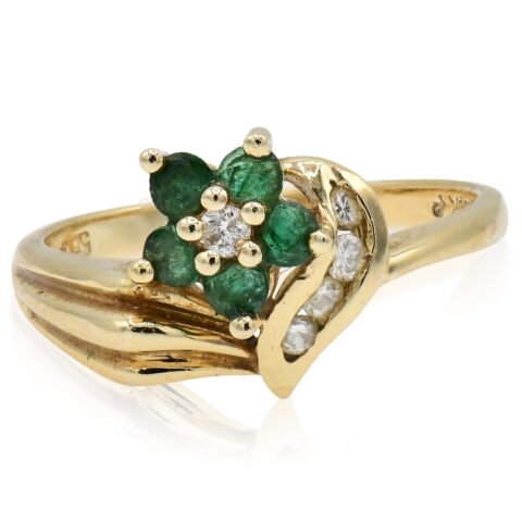 14K Yellow Gold, Diamond & Emerald Flower Ring