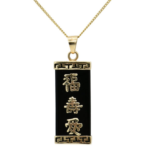 14K Yellow Gold & Black Onyx Asian Pendant Necklace