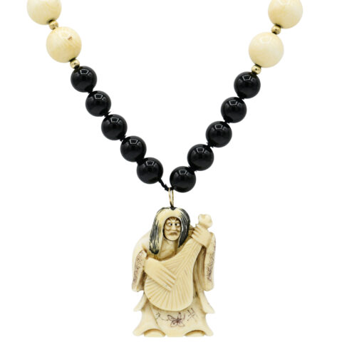 Black Onyx Japanese Netsuke Rotating Face Necklace