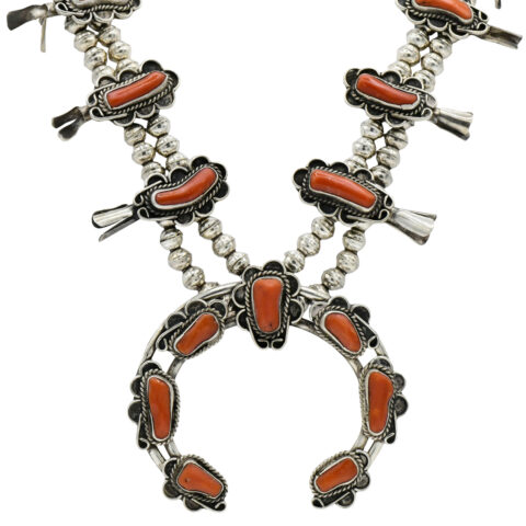 Sterling Silver & Red Coral Squash Blossom Necklace