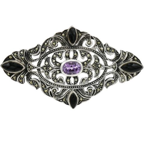 Sterling Silver, Amethyst, Marcasite & Black Onyx Brooch