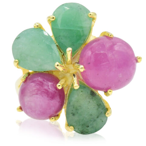 14K Yellow Gold Over Sterling Silver, Ruby & Emerald Ring