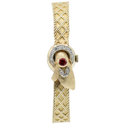 Geneva 14K Yellow Gold, Diamond & Red Garnet Bracelet Watch
