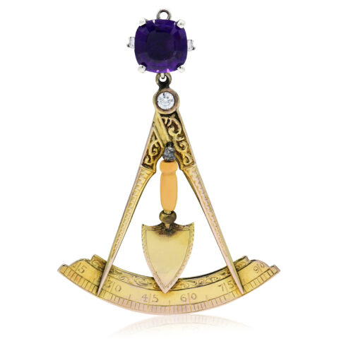 10K Yellow Gold Plated, 800 Silver, Amethyst & Diamond Masonic Pendant