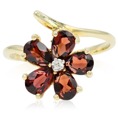 10K Yellow Gold, Diamond & Red Garnet Flower Ring