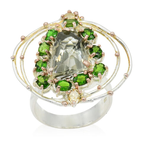 Sterling Silver, Green Amethyst, Chrome Diopside & Citrine Ring