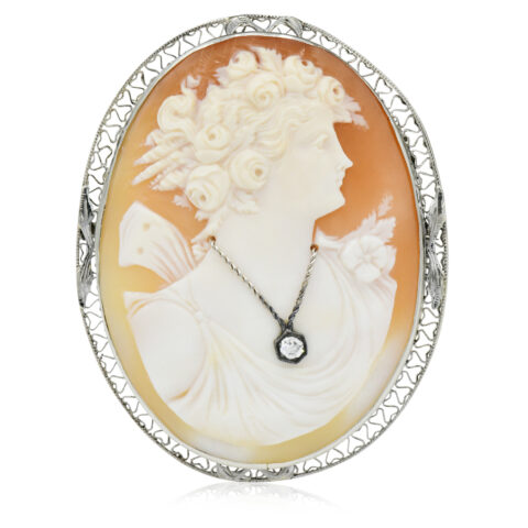 14K White Gold & Diamond Cameo Brooch/Pendant
