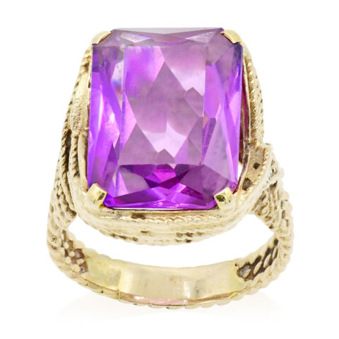 14K Yellow Gold Lab Created Purplish Pink Sapphire Ring