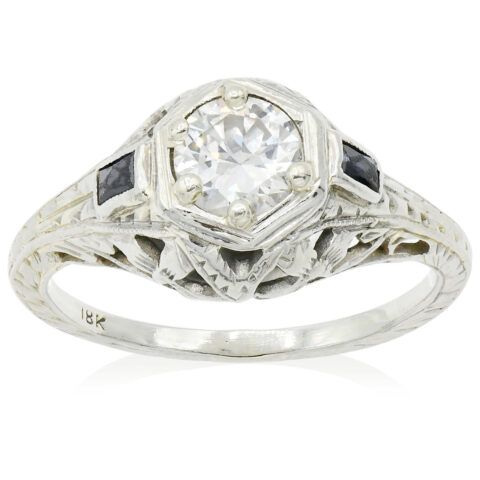 18K White Gold, Diamond & Sapphire Art Deco Ring