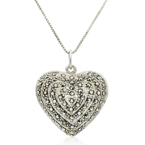 Sterling Silver & Marcasite Heart Pendant Necklace