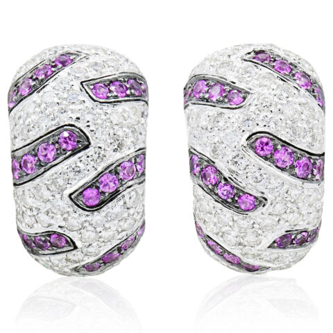 18K White Gold, Pink Sapphire & Diamond Clip On Earrings