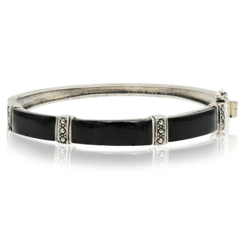 Sterling Silver, Black Onyx & Marcasite Bangle Bracelet
