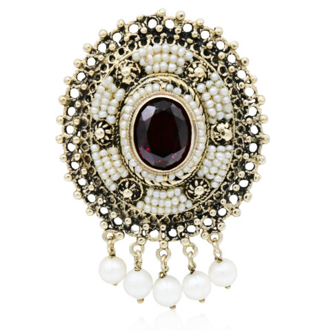 14K Yellow Gold, Red Garnet & Pearl Brooch/Pendant