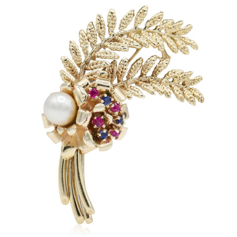 Ibsen 10K Yellow Gold, Sapphire, Ruby & Pearl Brooch