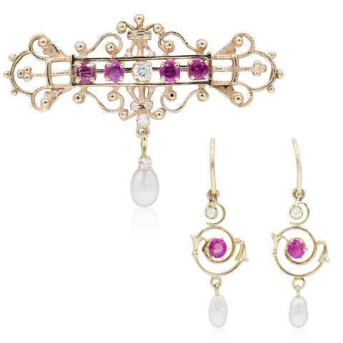 12K Yellow Gold, Diamond, Ruby & Pearl Victorian Demi Parure