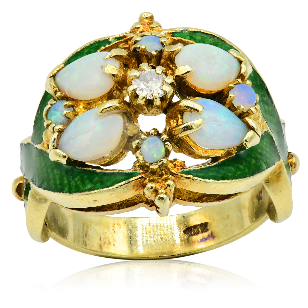 14K Yellow Gold, Opal, Green Enamel & Diamond Ring