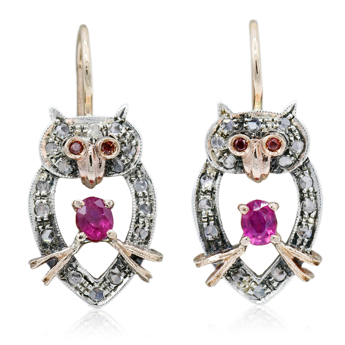 9K Yellow Gold, White Gold, Diamond, Ruby & Spessartite Garnet Owl Earrings