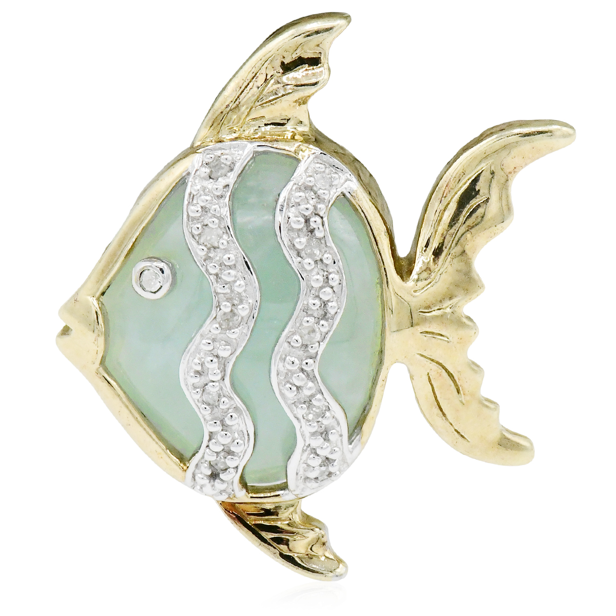10K Yellow Gold, Jade & Diamond Fish Pendant