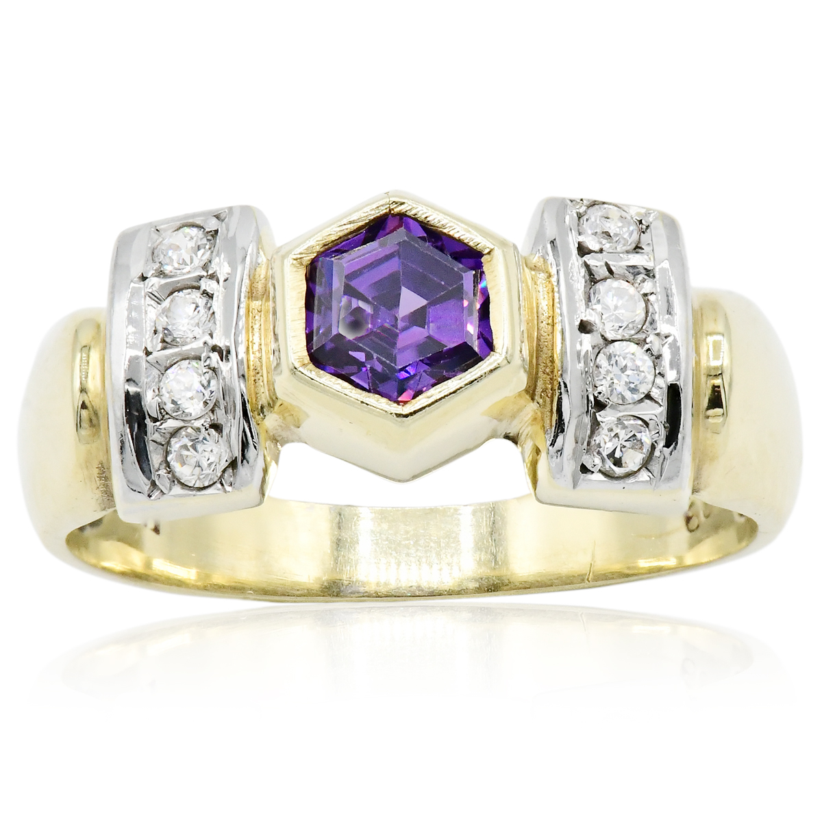 14K Yellow Gold, White Gold, Diamond & Amethyst Ring