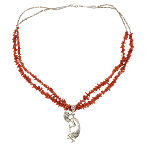 Sterling Silver, Red Coral & Shell Kokopelli Beaded Necklace