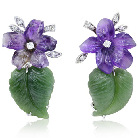 14K White Gold, Amethyst, Jade & Diamond Floral Earrings