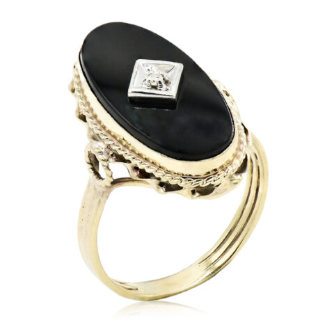 14K Yellow Gold, Black Onyx & Diamond Ring
