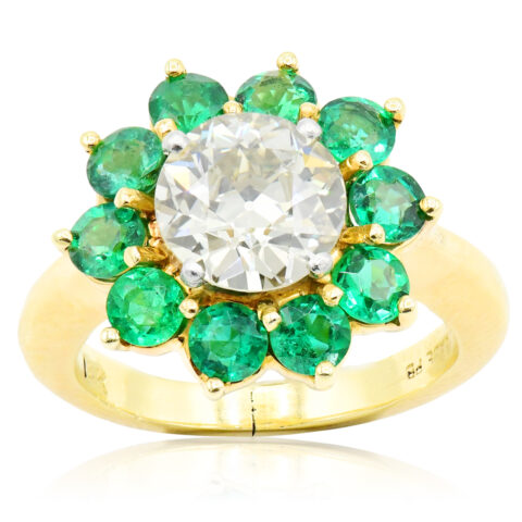 18K Yellow Gold, Diamond & Emerald Flower Ring