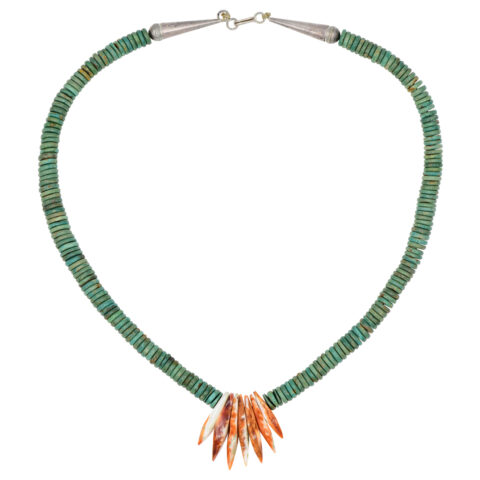 Sterling Silver, Spiny Oyster Shell & Heishi Bead Turquoise Necklace